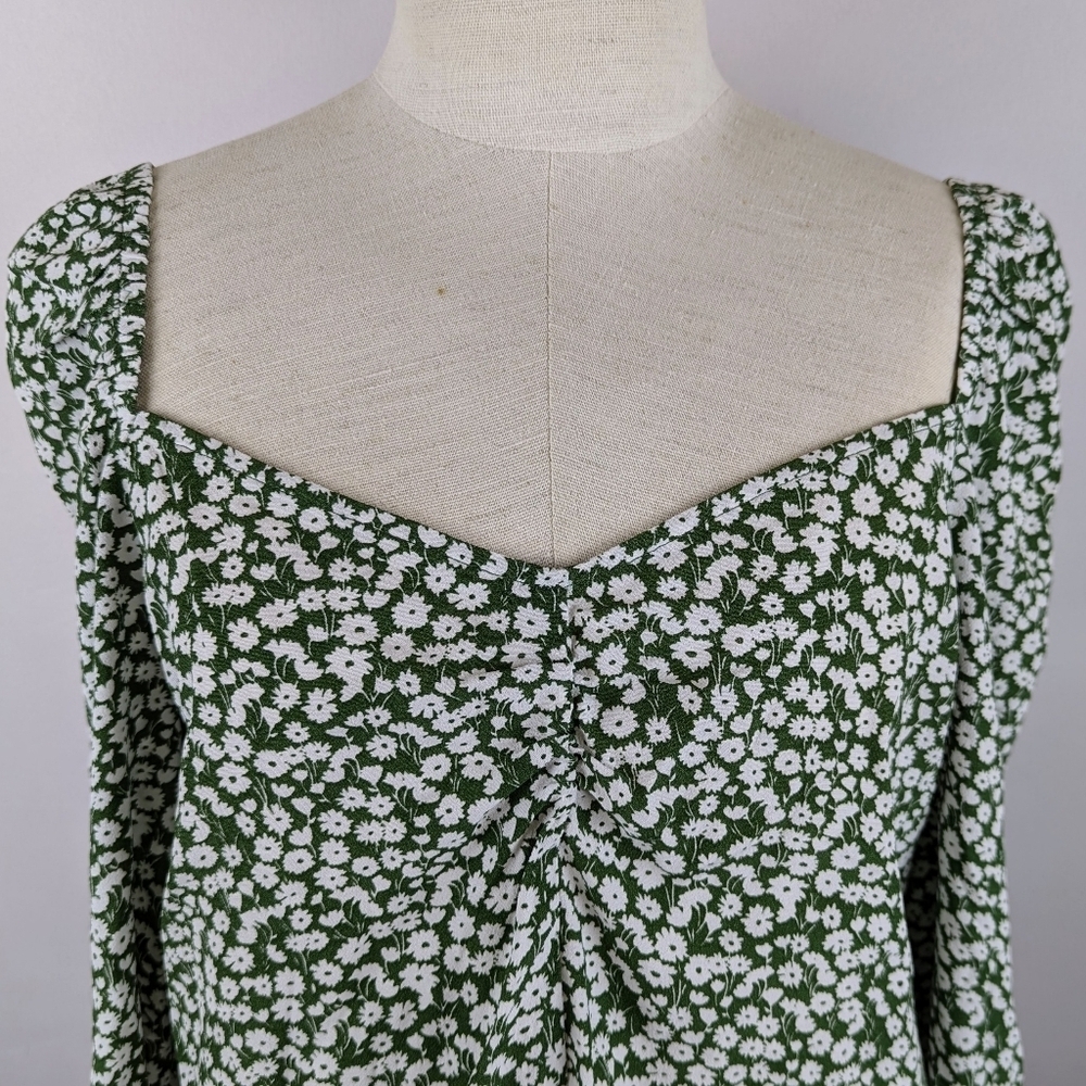 Boden Top Sweetheart Neckline Long Blouson Sleeve Tulip Sprig Print Green 6 NWT - Picture 3 of 14